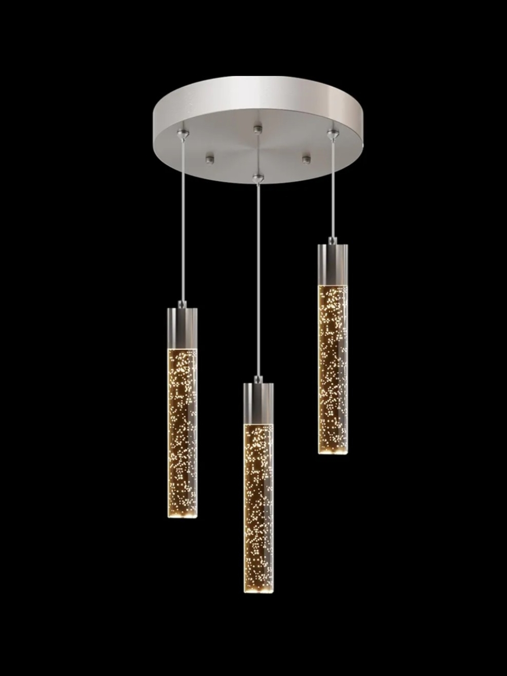 Modern Triple Pendant Bubble Tube Chandelier - Silver with Warm Gold Lighting